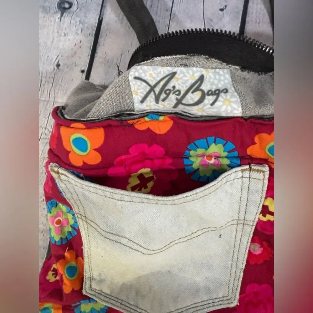 Handcrafted Black Denim Slouchy Hobo Embroidery Trim Upcycled Jean Bag Purse